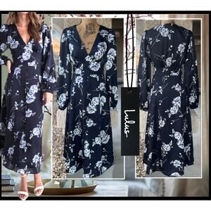 Lulus Navy Blue Button Detail Floral Midi Dress Size: Xlarge